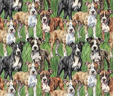 Cotton Fabric with Pitbulls Playing on Green Grass 44" Wide for Crafting & Apparel